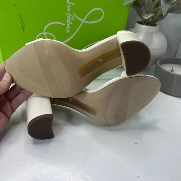 Sam Edelman Yaro Pearl/Ivory Satin Ankle Strap Block Heel Sandals Women's US 10W - Picture 8 of 13
